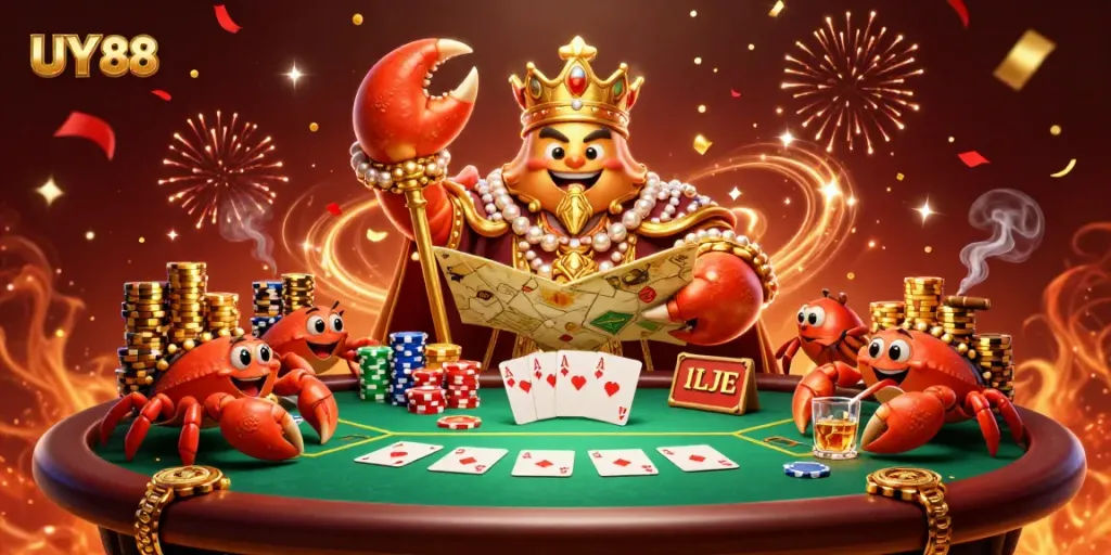 Engage with UY 88 in this vibrant 3D casino scene featuring a golden crab emperor and poker elements.
