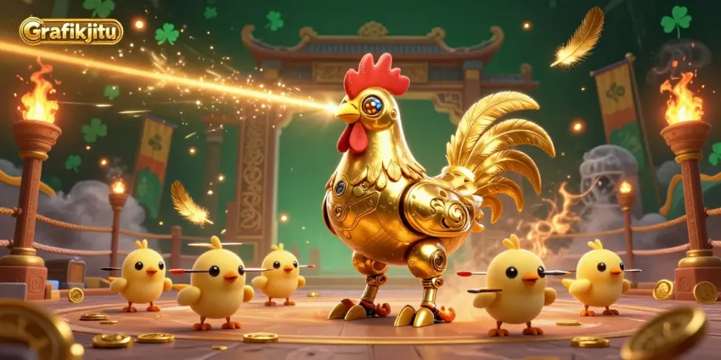 Bet on Grafikjitu with a golden rooster robot and baby chick drones in an immersive casino scene.