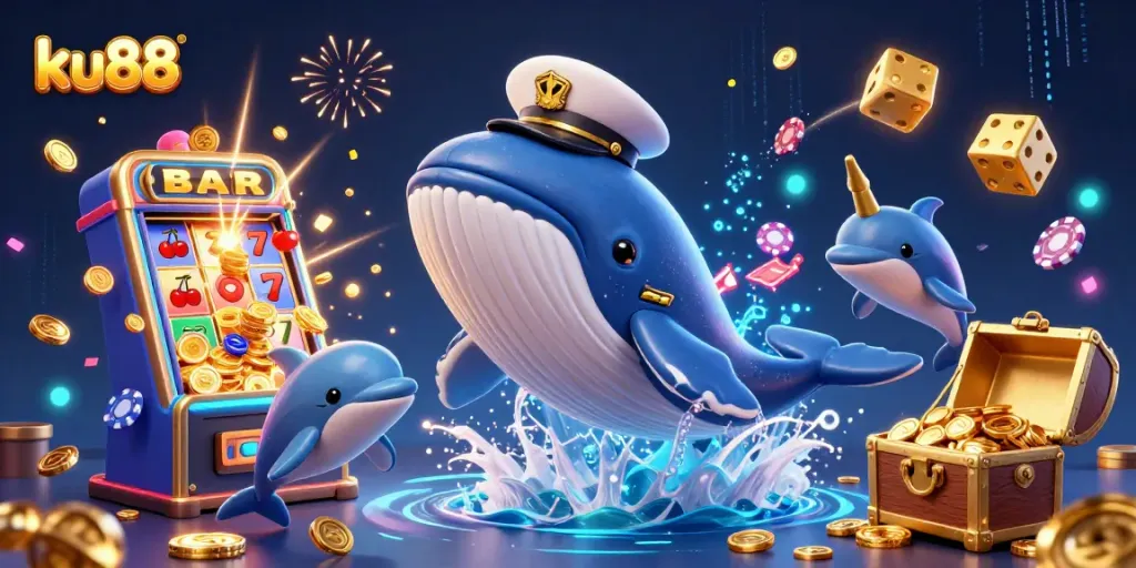 ku88 presents a vibrant scene of a cartoon whale and friends celebrating wins in a casino-themed illustration.
