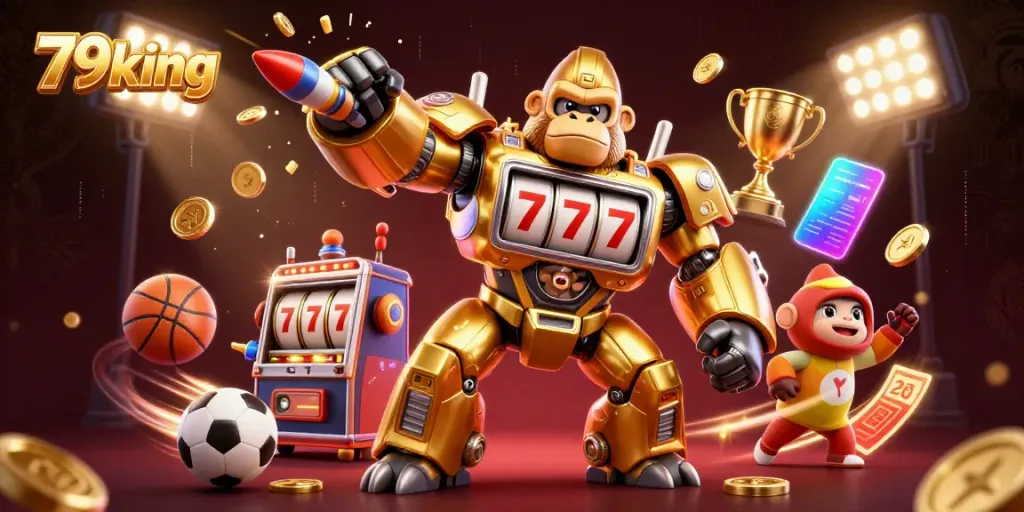 Dive into exciting slots with 79king's golden gorilla mech generating coins and thrills!