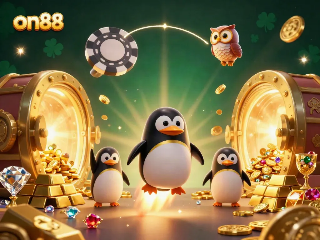 Experience the excitement of on88's casino world with a golden penguin in a dynamic scene.
