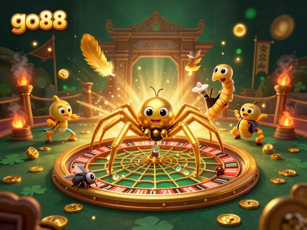 Experience the thrill of go88 at a vibrant gambling scene featuring a golden spider and dynamic casino elements.