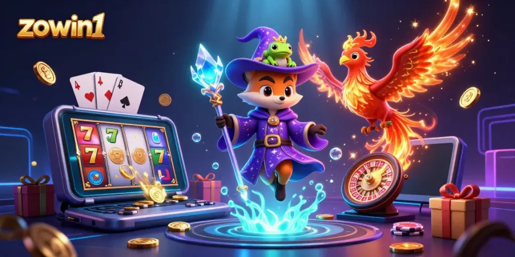 Experience thrilling game action with zowin1, showcasing a lively 3D casino scene with a magical fox and phoenix.