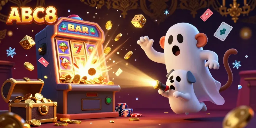 Experience the excitement at ABC8 with a playful ghost monkey juggling golden casino treasures in a vibrant atmosphere.