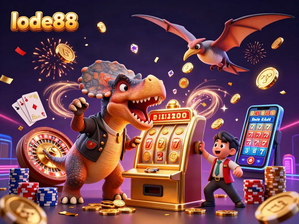 Lode88 brings excitement as a dinosaur wins a jackpot, surrounded by coins and casino elements.