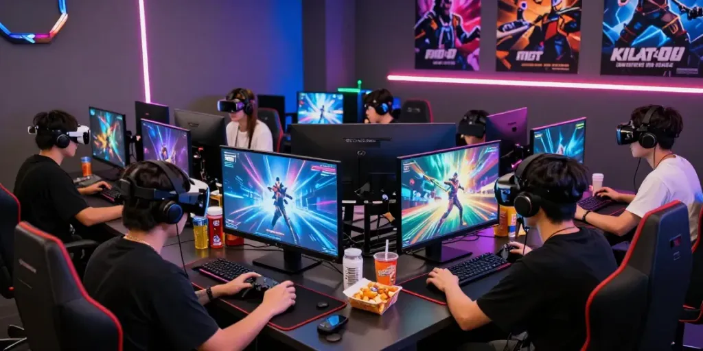 Gamers enjoying KILAT404 action in a modern gaming lounge setting.