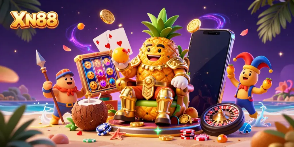 Experience casino excitement with the XN88 golden pineapple king in a vibrant tropical scene.