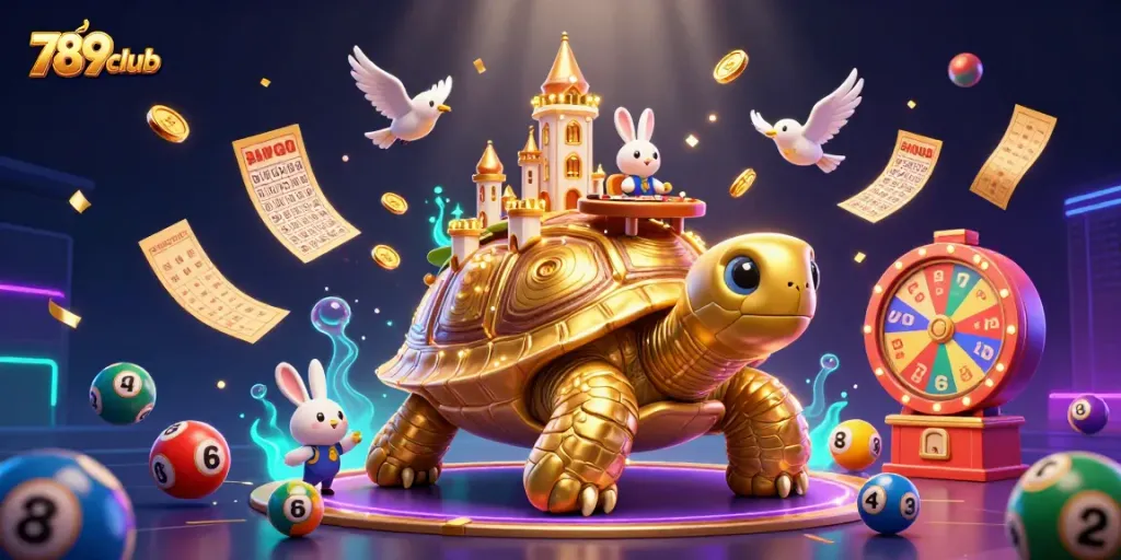 Engage with the thrilling world of 789club, featuring cartoon tortoise casino and vibrant game elements.