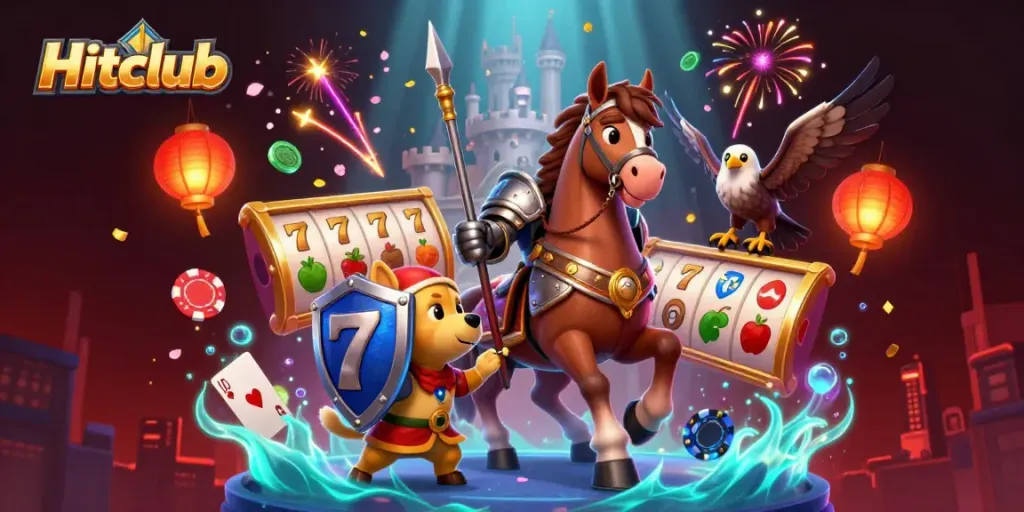 Hitclub presents an exciting scene of gaming with a knight, squire, and falcon amidst floating slot reels and festive elements.