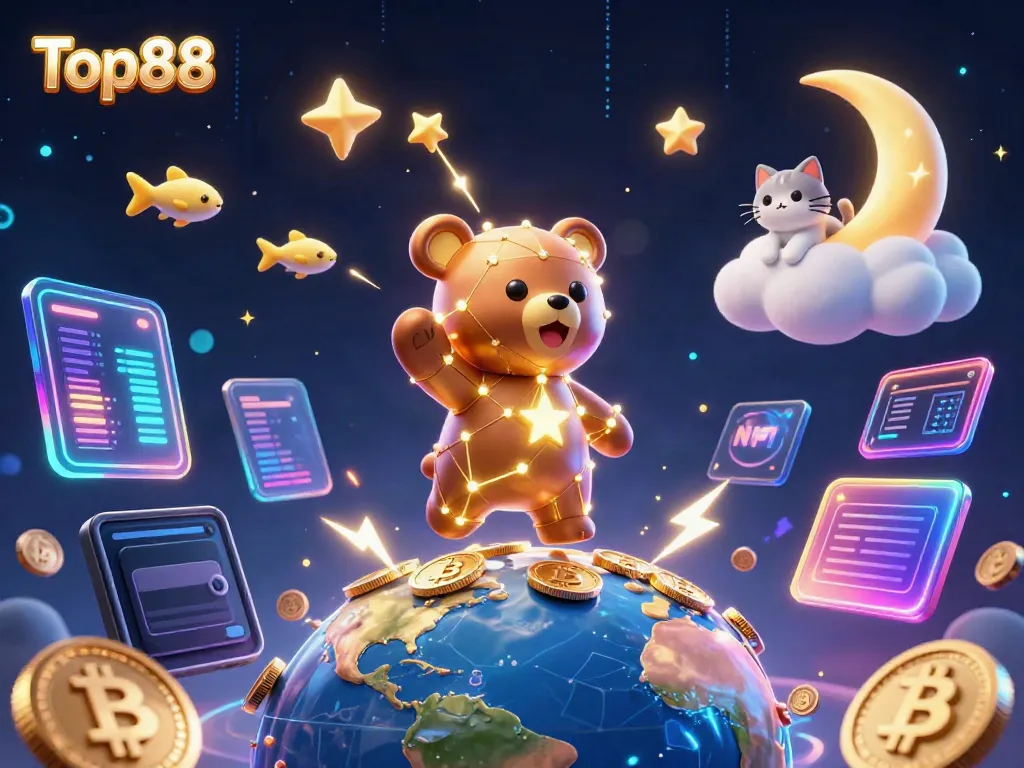 Experience the thrill of Top88 with a bright illustration of a constellation bear scooping coins surrounded by digital currency.