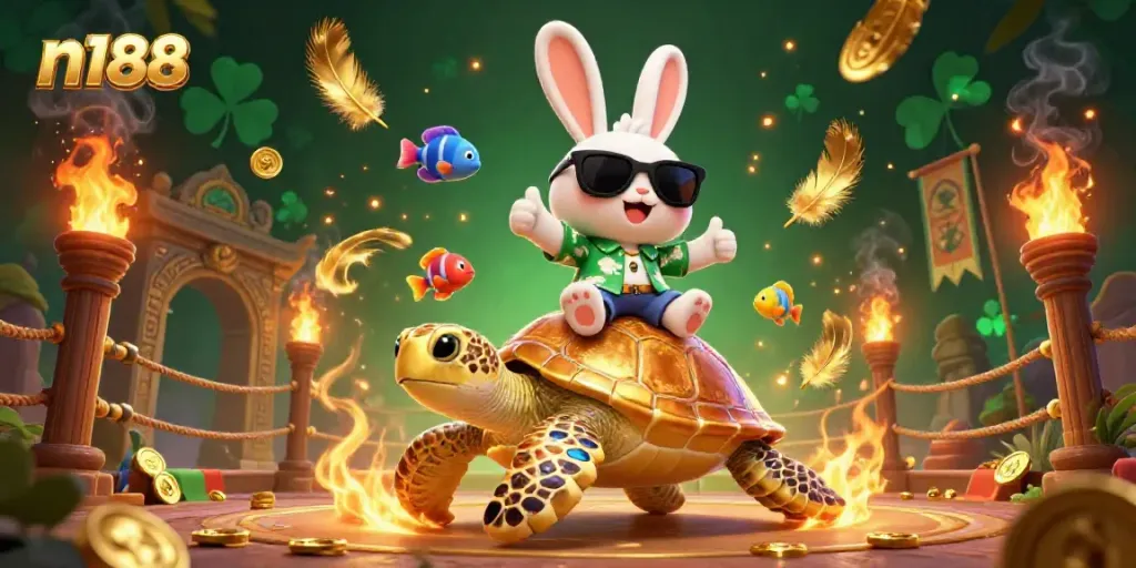 Experience thrilling gameplay with n188 featuring a lucky rabbit and golden sea turtle in an exciting casino world.