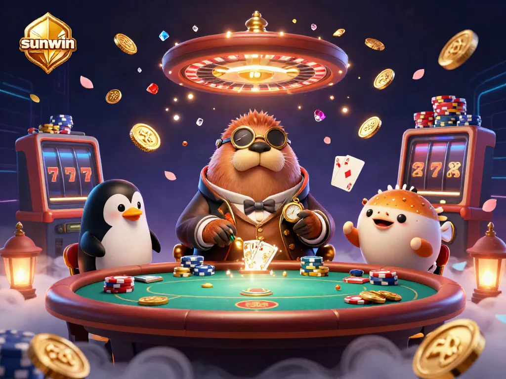 Experience sunwin with a joyous walrus, penguin dealer, and pufferfish player in an underwater poker scene.