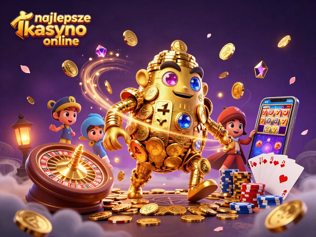 Engage in thrilling games at najlepsze kasyno online with vibrant golem, coins, and cards.