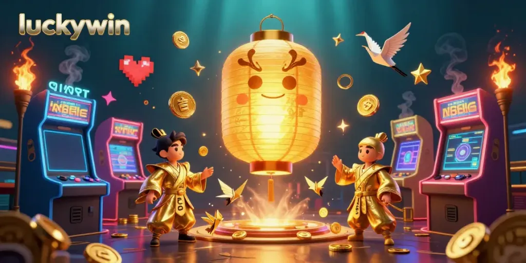 Experience the excitement with luckywin's vibrant casino scene featuring a glowing lantern spirit and arcade elements.