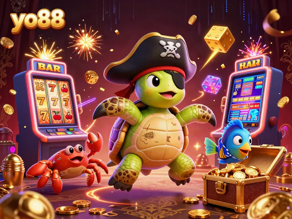 Yo88's thrilling gaming experience featuring a pirate turtle and treasures amidst a casino vibe.