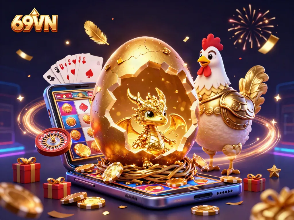 Experience thrilling gaming with 69VN's lively golden dragon and poker scene packed with vibrant casino elements.
