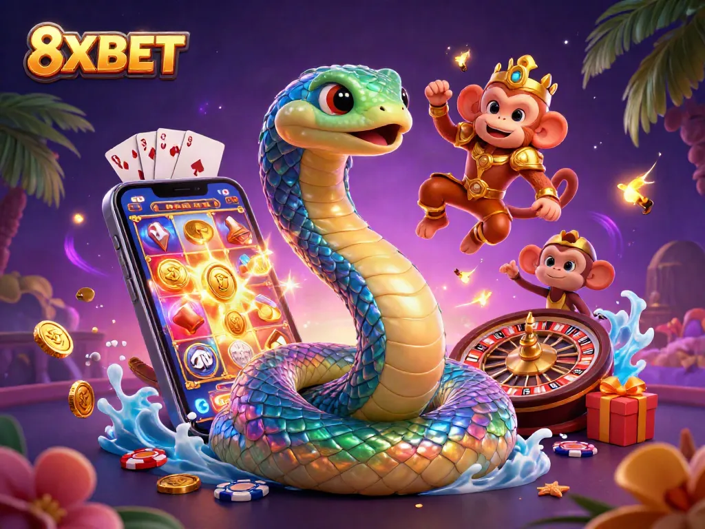 Experience the vibrant gaming world of 8XBET with a colorful digital illustration showcasing slot games, coins, and festive characters.