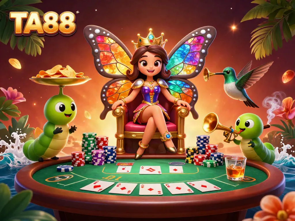 Engage in exciting gameplay with TA88's vibrant 3D casino scene, showcasing poker elements and dynamic characters.