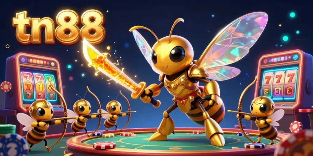 Experience tn88 with a samurai hornet in a dazzling casino scene full of vibrant slots and poker elements.