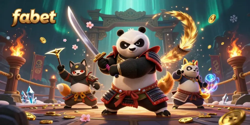 Engage with fabet's vibrant casino adventure featuring a samurai panda and a ninja fox in action.