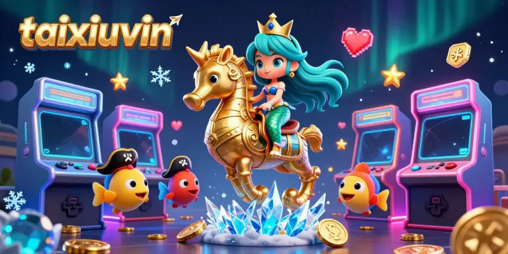 Play and win with taixiuvin's vibrant cartoon scene of a mermaid princess and magical creatures in a casino setting.