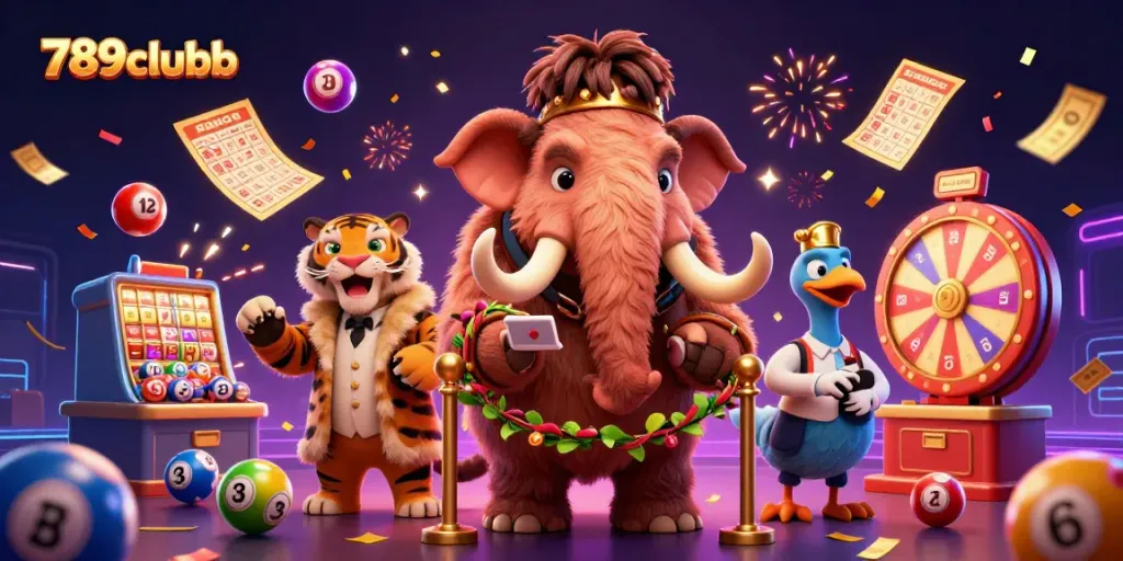 Experience the thrilling atmosphere of 789clubb with vibrant lottery elements and exciting casino characters.