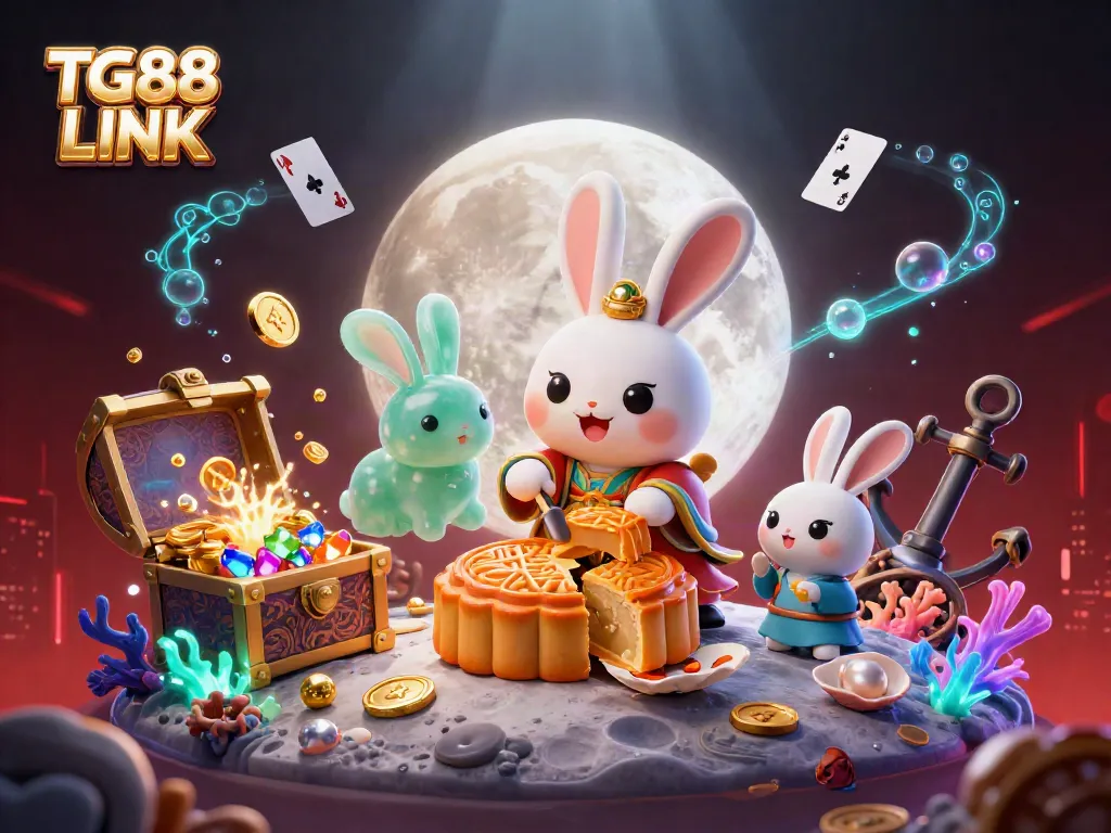 Engage with TG88 LINK as a 3D moon rabbit reveals poker chips in vibrant casino scene.