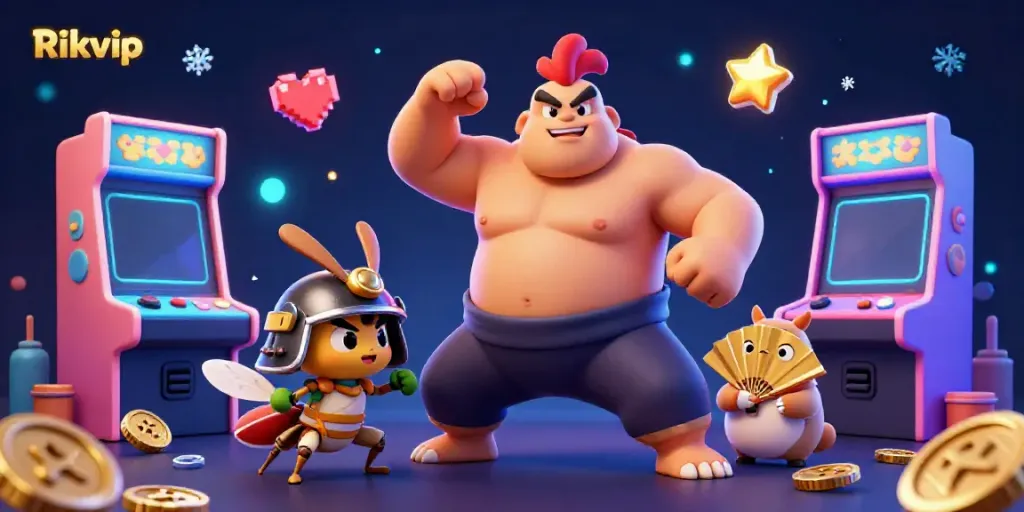 Bet on Rikvip with a sumo wrestler, a samurai cricket, and a tanuki announcer in a colorful casino arcade