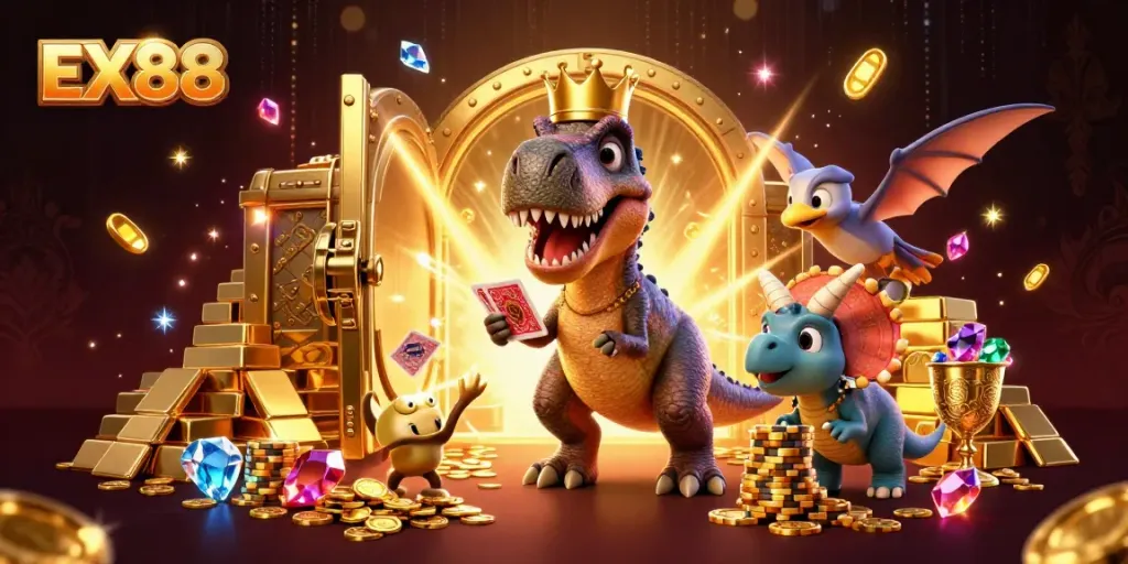 EX88 showcases a vibrant scene with a T-Rex shuffling cards, a pterodactyl assisting, and chips stacked in a lively casino atmosphere.