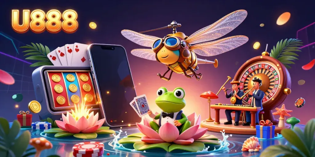 Experience U888's vibrant casino atmosphere with dynamic characters and colorful gambling elements.