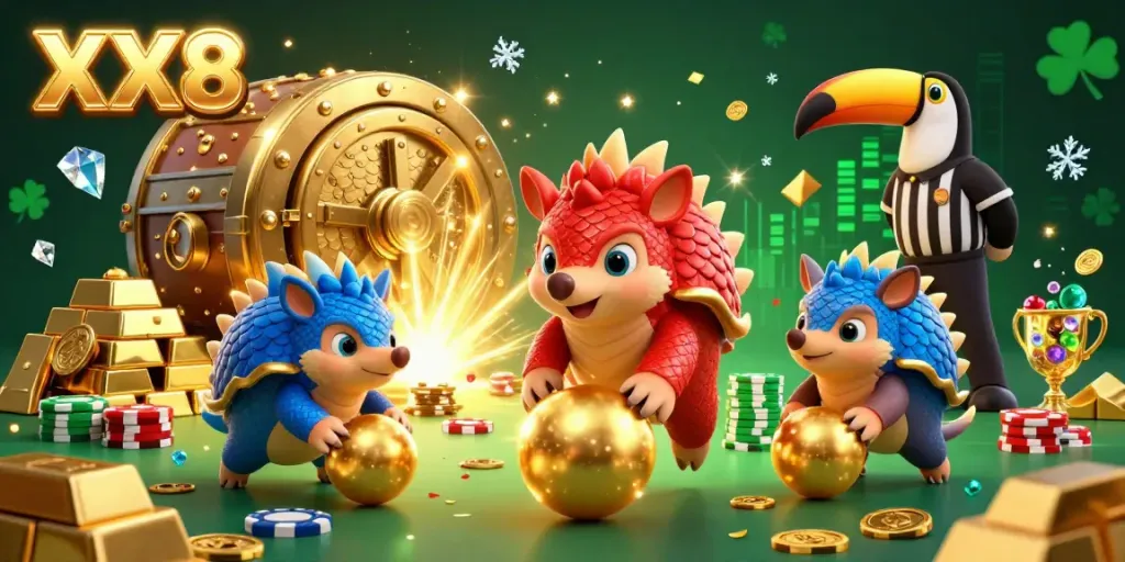 Experience the thrill of XX8 with pangolins bowling through poker chips, set in a vibrant casino scene.