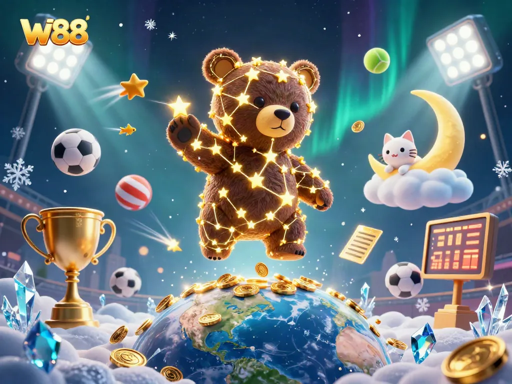 Experience thrilling W88 gaming with a dynamic 3D scene featuring sports elements and playful characters.