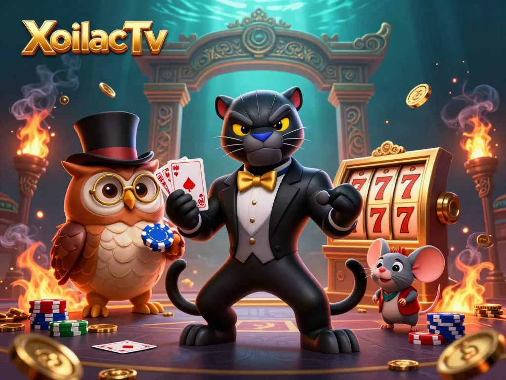 XoilacTv showcases a gaming scene with a panther dealer and animated characters amidst slot reels and gold coins.