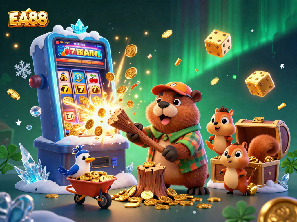 EA88 engages players in a vibrant 3D casino scene featuring coins and colorful slot symbols.