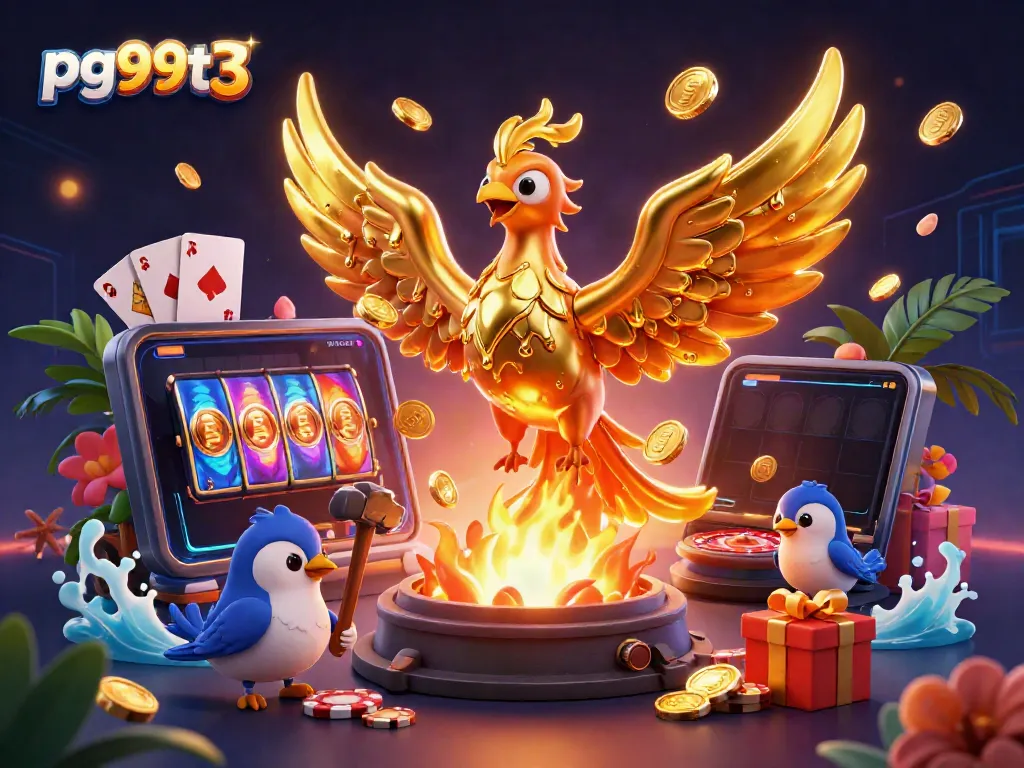 Experience entertainment and winnings with pg99t3's vibrant gaming scene featuring a dynamic phoenix.