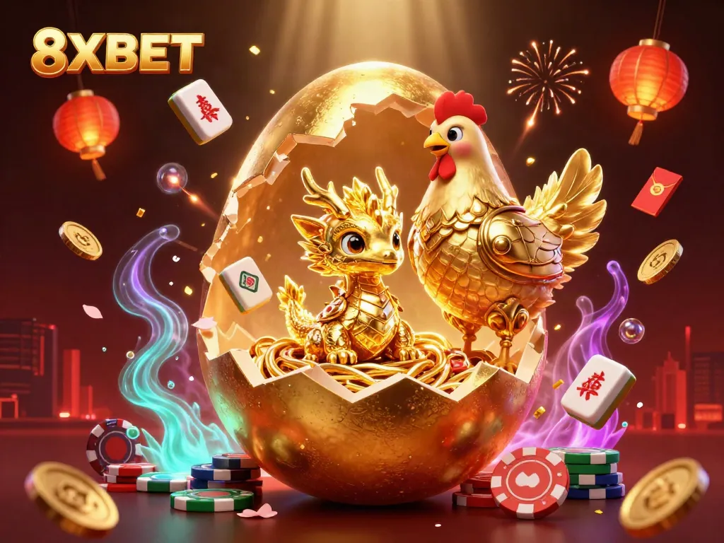 Experience thrilling entertainment with 8XBET, showcasing a golden dragon and rich casino elements.