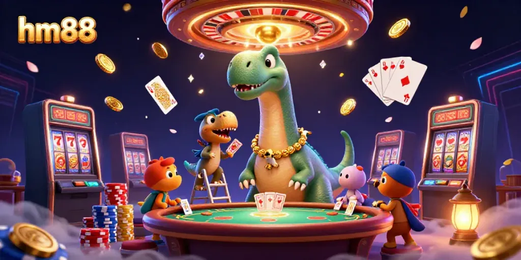 Experience dynamic poker action at hm88 with a playful dinosaur dealer amidst sparkling casino decor.