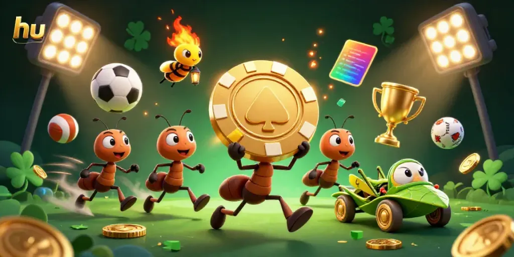 Ants execute a heist with a giant golden poker chip at hu-themed casino.