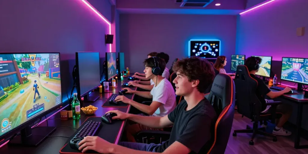 Kilat404 gaming lounge with friends enjoying multiplayer video games in a vibrant setting.
