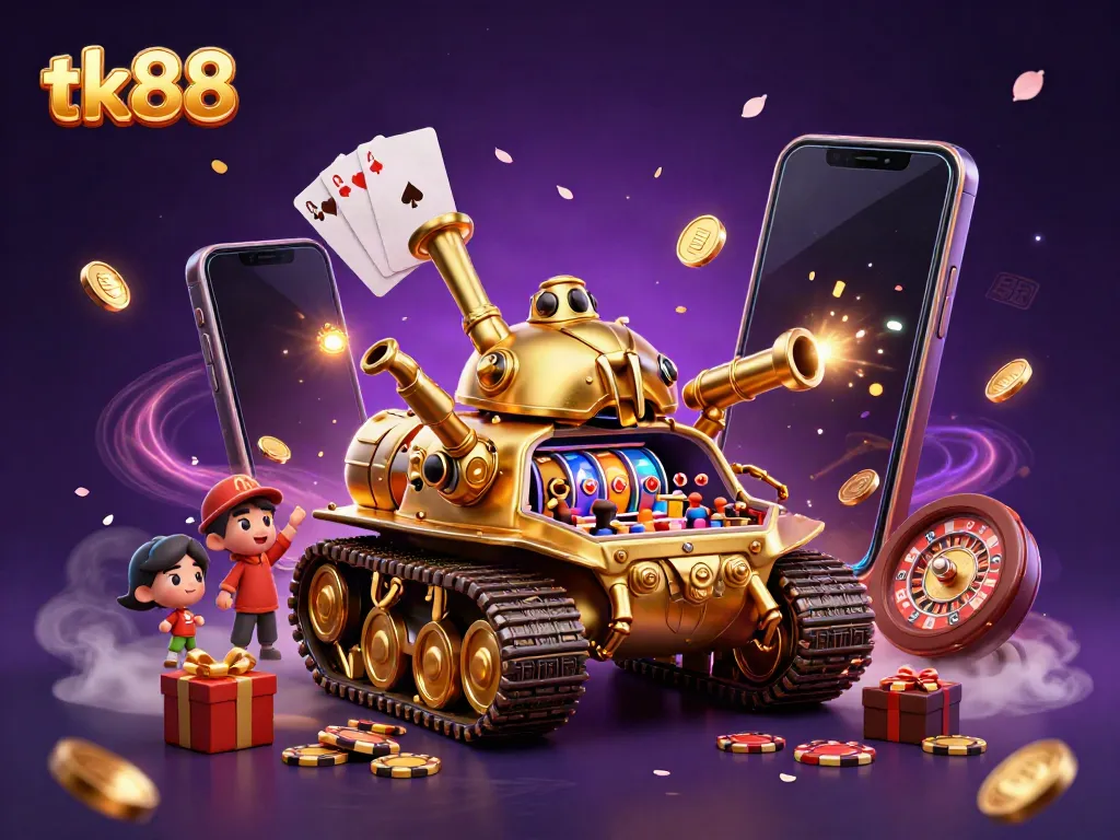 Experience tk88 with a vibrant 3D illustration of a golden beetle casino tank bursting with game excitement.