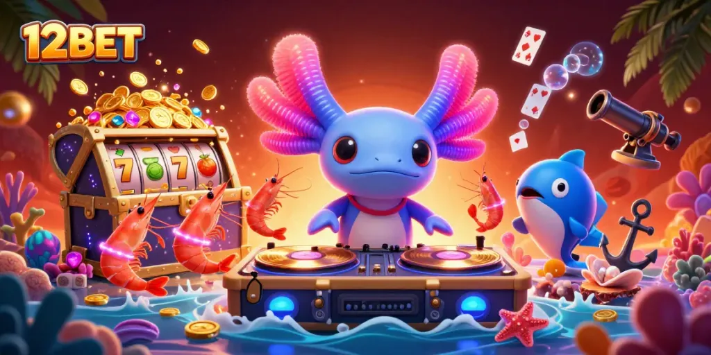 Experience thrilling gameplay with 12BET as an axolotl DJ spins on underwater turntables amidst vibrant casino elements.