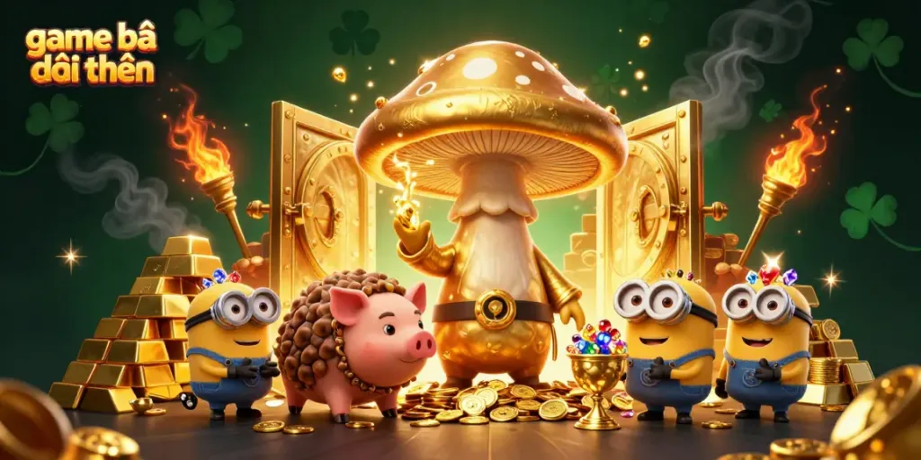 Experience the thrill of game bài đổi thưởng with a magical gold wizard and treasure.
