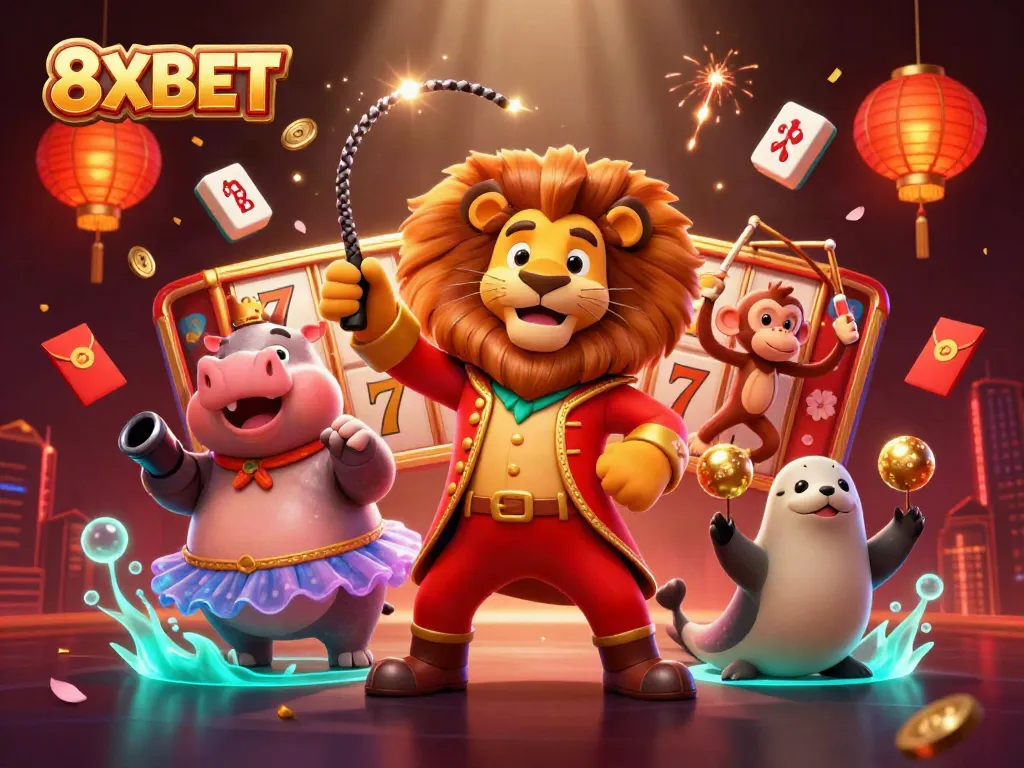 Experience the thrill with 8XBET's vibrant 3D circus-themed casino illustration filled with dynamic gaming symbols.