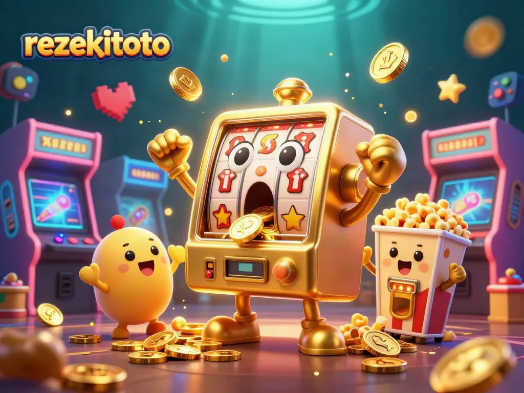 Rezekitoto slot machine showcasing a jackpot surprise amid golden coins and cheering characters.