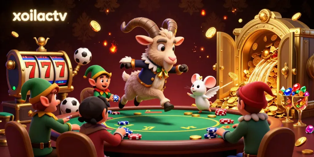 Xoilactv sports betting scene with a festive Krampus goat, angel mouse, and mischievous gremlins stealing poker chips.
