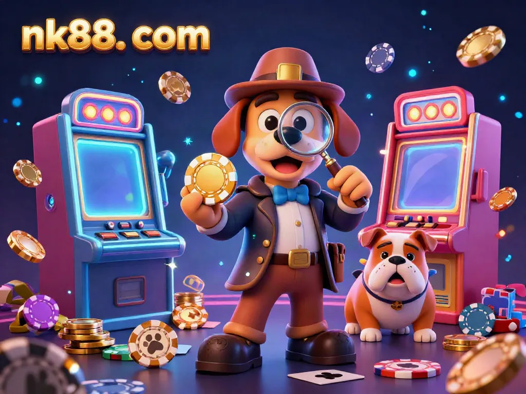 Engage in thrilling games at nk88. com with a playful dog detective exploring golden poker clues in a casino.