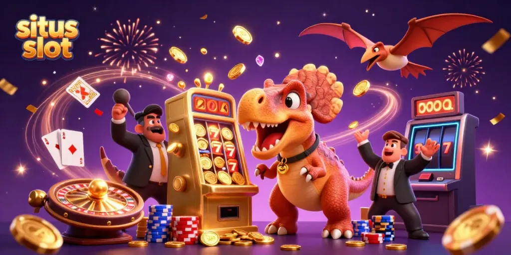 Slot jackpot menarik perhatian dengan karakter dino dan koin emas, situs slot.