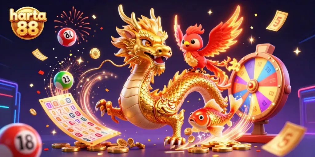 Experience the excitement of harta 88 with a vibrant casino illustration featuring a golden dragon and dynamic elements.