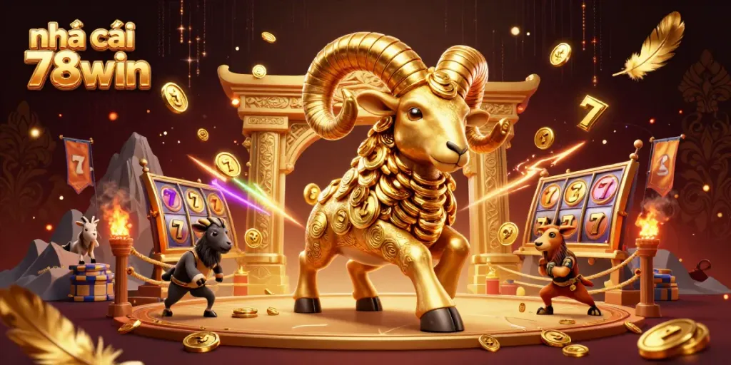 Experience the thrilling action at nhà cái 78win with a golden ram charging through a vibrant casino scene.