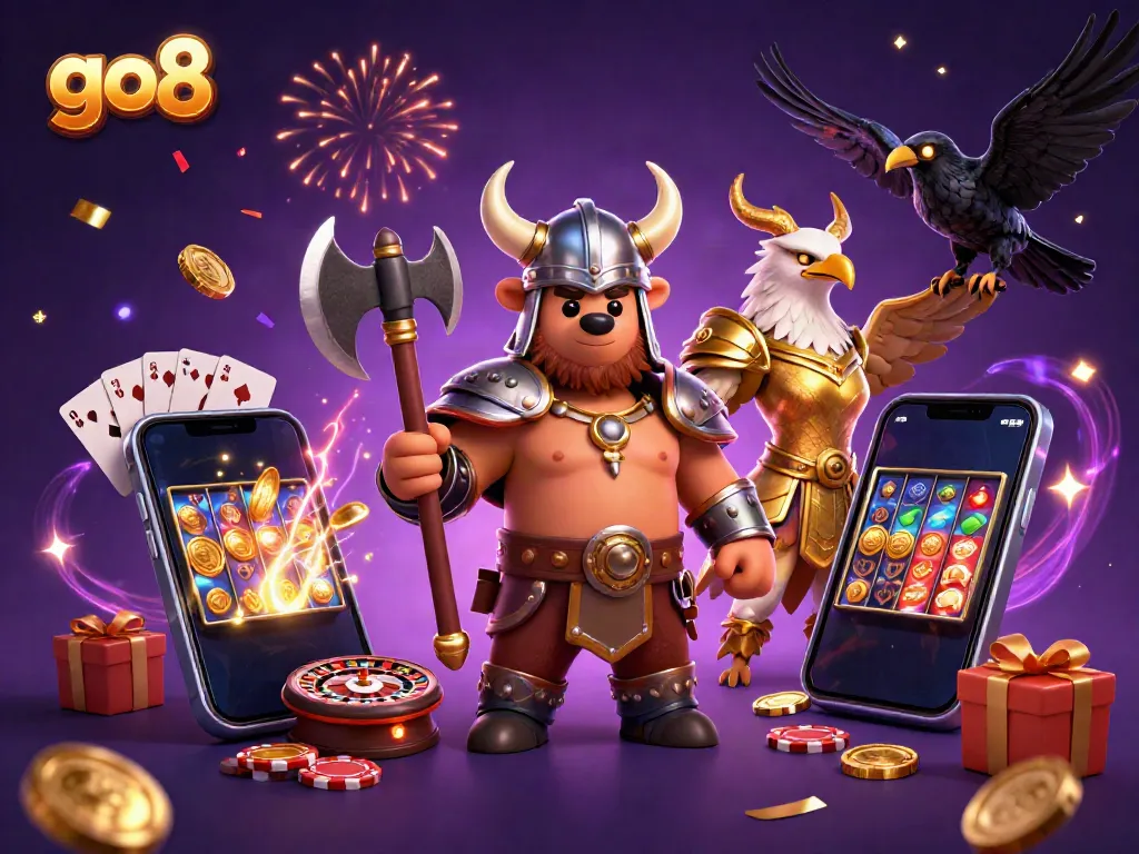Experience the magic of go8 with a dynamic scene of a Viking bear, Valkyrie eagle, and casino elements.
